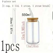 Bộ cốc thủy tinh 500ml, cốc thủy tinh 16oz/500ml có nắp và ống hút, cốc đựng đồ uống kiểu hũ Mason, cốc cà phê đá, cốc thủy tinh có nắp tre, cốc dễ thương, cốc bia, ống hút tái sử dụng và dụng cụ vệ sinh ống hút, thích hợp cho nhà hàng/khách sạn/sử dụng thương mại. - trong suốt - Xem 12