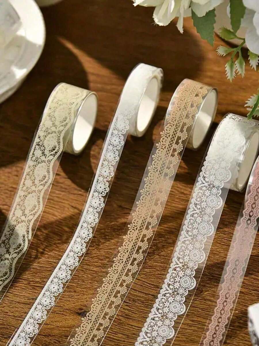 6 rollos de cinta decorativa con patrón de encaje de PET - Arte floral - Cinta decorativa transparente, adecuada para manualidades DIY, scrapbooking, envoltura de regalos - multicolor - Ver 1