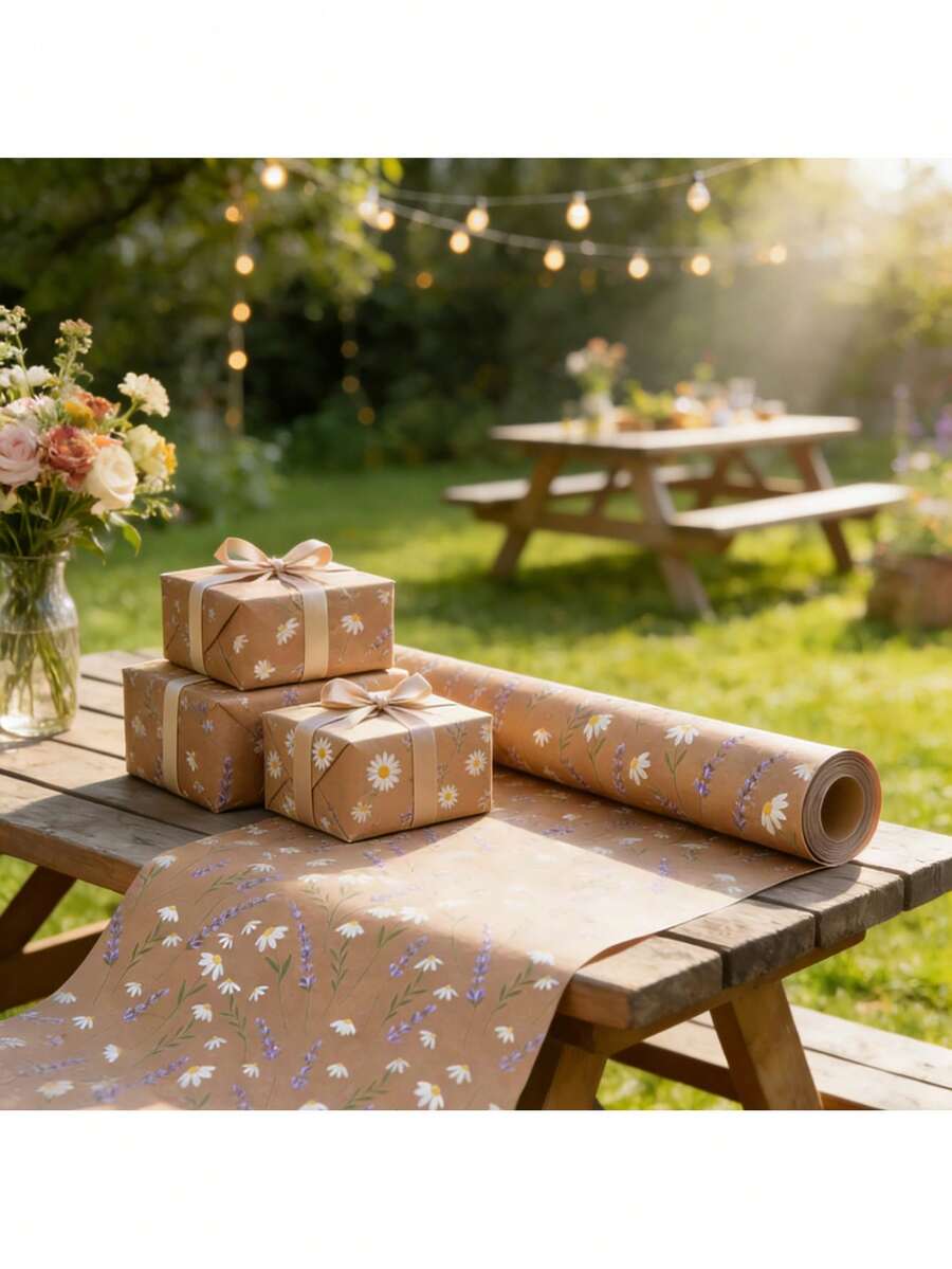 1 cuộn giấy gói quà họa tiết hoa cúc và oải hương tự nhiên | 43cm x 3m (17" x 118"), Hoàn hảo để gói quà cho nhiều dịp - Sinh nhật, Tiệc cưới. - Xem 1