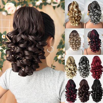HEYPINK Claw Shaped Ponytail Extension Hair Accessory Brown Gold Burgundy Gradient Brown 12 Inch Long Wave Heat-Resistant Fiber Synthetic Ponytail Wig, Suitable For Women's Parties And Daily Use