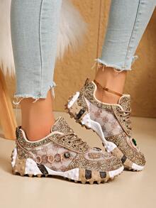 LiangJingJing Sepatu Sneakers Wanita Bertautan Rhinestone Berkilau dengan Sol Platform Empuk untuk Pemakaian Kasual Sehari-hari - Khaki - View 5