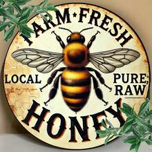 1pc Vintage Round Metal Sign "Farm Fresh Local Pure Natural Honey" - 8.0x8.0 Inch Retro Plaque With Bee Pattern, Suitable For Home, Kitchen, Bar, Cafe, Garage Wall Decor, Bee Decoration, 2D Plane (Random Hole Position) - A - View 7