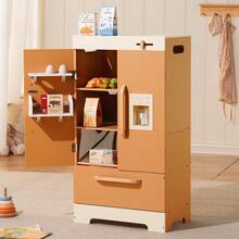 Robotime Wooden Caramel-Colored Refrigerator-A Pretend Kitchen Toy For Kids Aged 3 And Up, Featuring An Ice Maker, Adjustable Knob, And Realistic Food - Orange - View 3