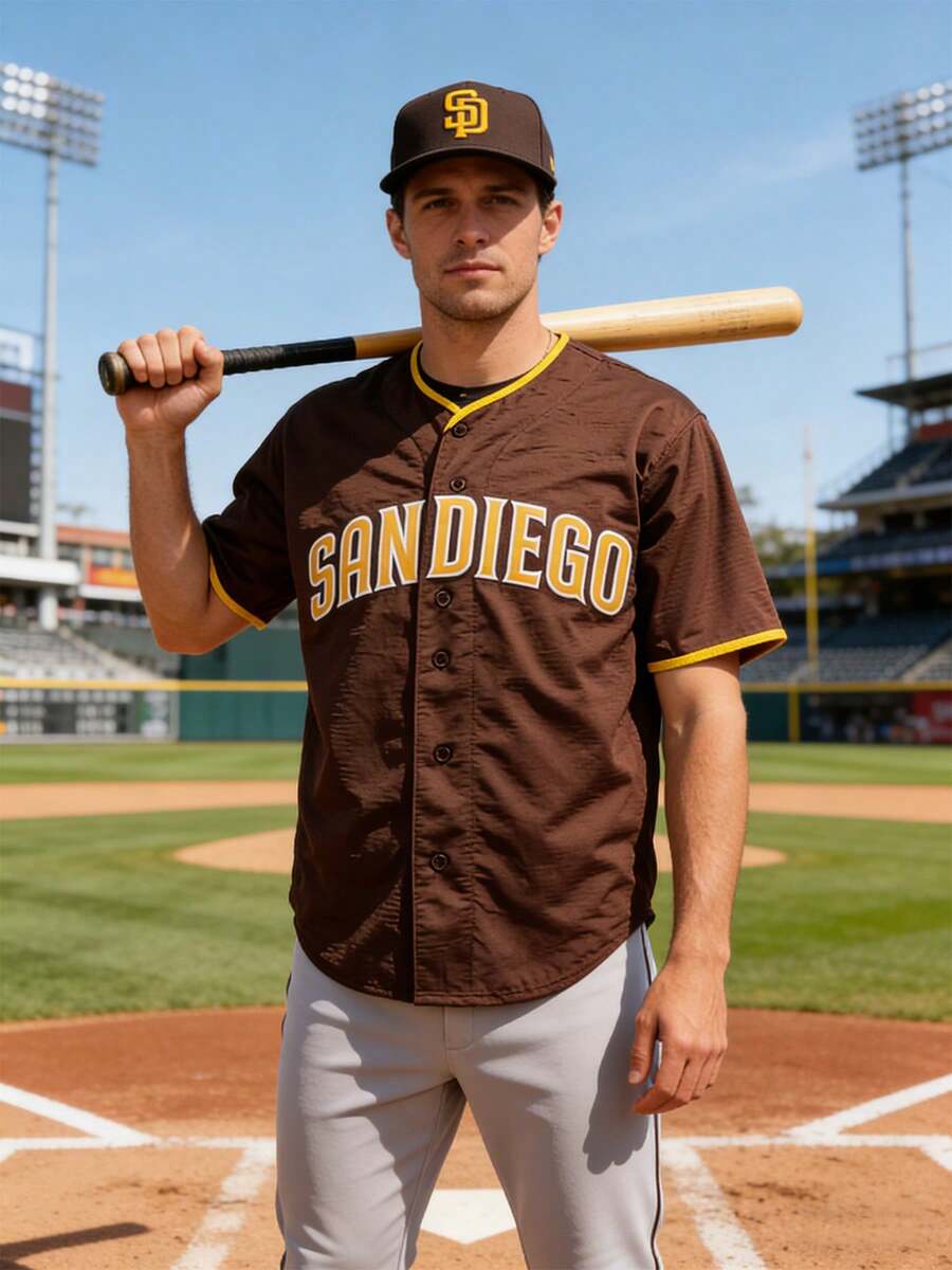 Men's San Diego Merrill 3 Baseball Jersey, Brown Yellow Athletic Short Sleeve Button Up Shirt For Game Day & Daily Wear - Brown - View 1