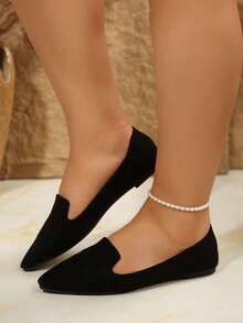 Wide Fit Spring/Autumn New Fashion Black Slip-On Shoes, Daily Wear Sweet Pointed Toe Flat Shoes, Size 36-43, Wide Fit Design For Women - Black Suede - View 3