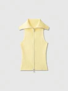 Áo dệt kim không tay cổ bẻ, màu trơn, kiểu dáng tối giản dành cho nữ, thích hợp cho mùa hè. - Màu vàng - Xem 1