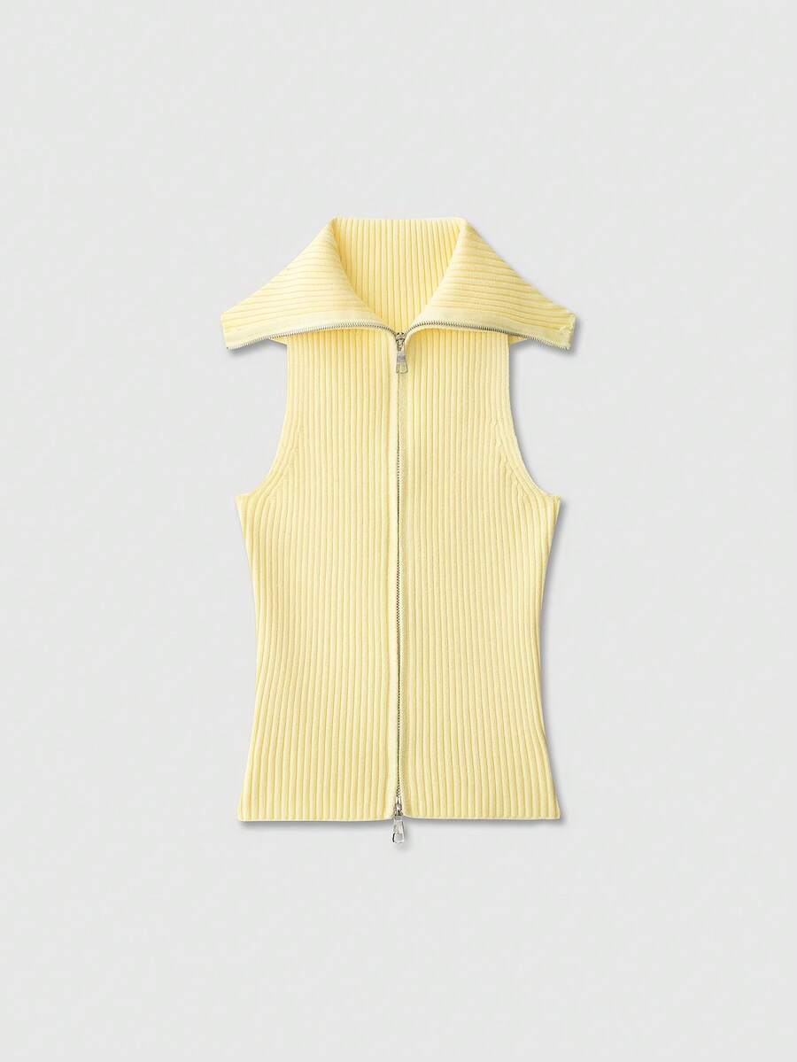 Áo dệt kim không tay cổ bẻ, màu trơn, kiểu dáng tối giản dành cho nữ, thích hợp cho mùa hè. - Màu vàng - Xem 1