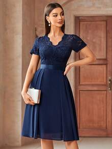 MIUSOL Elegant V-Neck Floral Lace Pleated Hem Chiffon Swing Dress, Suitable For Wedding Guests, Prom, Graduation Ceremony Summer - Navy Blue - View 5
