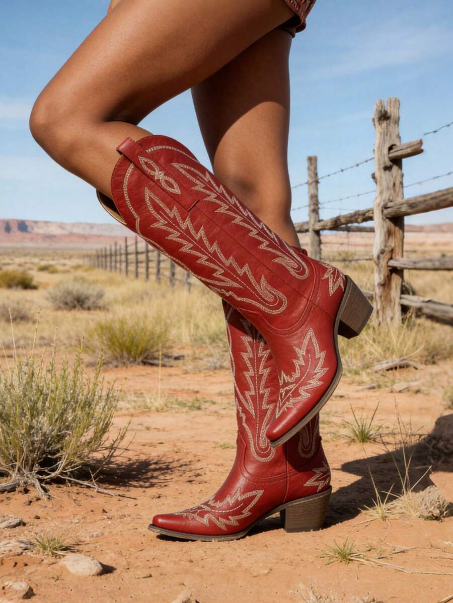 Women's Vintage Classic Western Knee High Cowboy Boots Fashion Embroider Block Chunky Heel Pull On Pointed Toe Retro Cowgirl Boots - Red - View 1