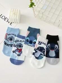 Disney 1/5 Đôi tất trẻ em, tất dài đến bắp chân cho trẻ em, họa tiết hoạt hình dễ thương, phù hợp mọi mùa, tất hình nhân vật Stitch - Nhiều màu - Xem 1