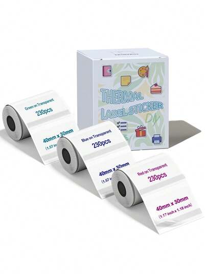 Papel térmico de etiquetas, papel térmico cuadrado transparente, tamaño 40*30mm 230 piezas/rollo, papel de etiquetas de impresión térmica autoadhesivo transparente de color, adecuado para impresoras de etiquetas mini P50/P1/M100/M200/M210/M110/M120, adecuado para etiquetas de envío