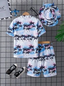3件套男童夏季椰树沙滩印花休闲套装（含帽子） - 淺藍色 - 查看 2