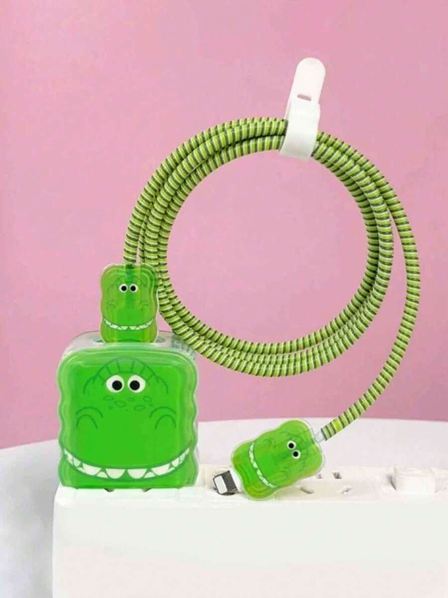 5个波浪齿绿色恐龙充电适配器保护套，兼容苹果18W/20W快充 - 彩色 - 查看 1