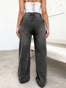 Plus Size Women's Retro Minimalist Elastic Waist Loose Straight Leg Jeans Casual - Màu xám đen - Xem 2
