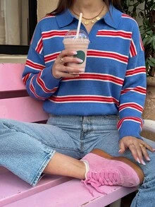 Áo Polo nữ ACKCER kẻ sọc đa năng dành cho mùa xuân/hè - xanh và đỏ - Xem 2