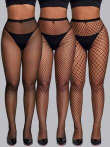 3Pcs Women's Sexy Fishinet Tights, For Daily Life, High Waisted Mesh Pantyhose, Slim Fit, Comfortable, Suitable For All Seasons, Dates, Parties, Dance  Fabric    Hollow Out - 黑色 - 查看 7