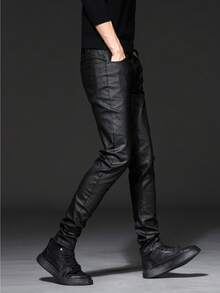 Men's New Coated Glossy Stretch PU Leather Trousers - Korean-Style Casual Slim-Fit Long Pants With Tapered Legs, Suitable For All Seasons (Height-Enhancing & Slimming Fit) - 黑色 - 查看 3