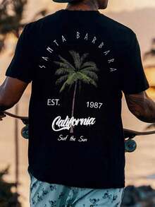 Coastal | New Men's Summer T-Shirt With Coconut Tree And Letter Print, Short Sleeve, Crew Neck, Casual Holiday Wear, 100% Cotton - 黑色 - 查看 2