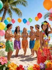 5pcs/Set Hawaiian Grass Skirt, Tropical Hawaiian Grass Skirt, Hawaiian Grass Skirt Dress, Summer Beach Vacation Dress, Hawaiian Party Gift, Party Decor, Grass Skirt, Grass Skirt Dance Performance, With Flower Wreath, Grass Skirt, Hawaiian Party Supplies, Tropical Beach Party - Multicolor - View 2