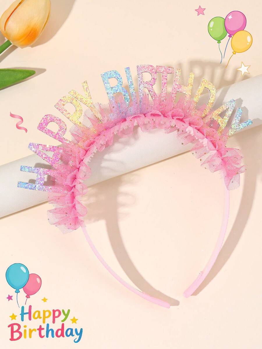 1件彩色渐变女孩生日发箍，粉色薄纱装饰发饰，闪亮渐变发箍，可爱甜美发夹，适合青少年生日派对