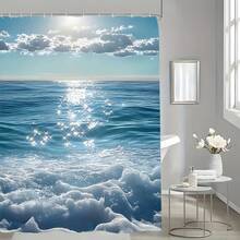 1/4 Packs Of UAXIEP Fresh Wave Bath Curtain. Fresh And Soothing, Simple And Elegant, Waterproof And Easy To Maintain. Includes A Waterproof Divider Multi-Functional Bath Curtain, 12 Hooks, A Non-Slip Bathroom Mat, U-Shaped Toilet Mat, Toilet Lid Mat, Bathroom Decorations, And Bathroom Dividers. Essential For Home Use. The Store Offers Various Styles To Choose From. - A - View 6