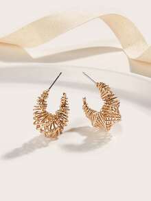 1 Pair Retro Minimalist Asymmetrical Twisted/Spring/Woven Birdnest C-Shaped Hoop Earrings, Suitable For Daily Wear - Gold - View 1