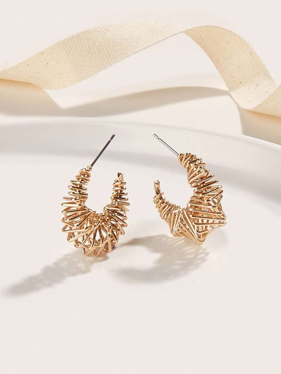 1 Pair Retro Minimalist Asymmetrical Twisted/Spring/Woven Birdnest C-Shaped Hoop Earrings, Suitable For Daily Wear - Gold - View 1