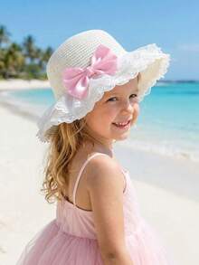 1 chiếc mũ rơm màu be gợn sóng, nơ to, màu hồng cho bé gái, mũ chống nắng mùa hè cho bé đi biển với lưới ren, phù hợp cho trẻ từ 3-8 tuổi. - 1PC - Xem 8