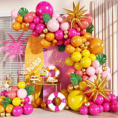 138 piezas Conjunto de arco de globos con temática hawaiana, incluye globos de foil de estrella explosiva y globos de látex en rosa brillante, amarillo, naranja y dorado. Perfecto para fiestas de cumpleaños, baby showers, fiestas al aire libre, fiestas en la playa, fiestas en la piscina y decoraciones de fiestas con temática tropical hawaiana.