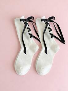 2 Pairs Women's Black And White Floral Lace Ribbon Bowknot Tie Mid-Calf Socks, Fall - Black and White - View 11
