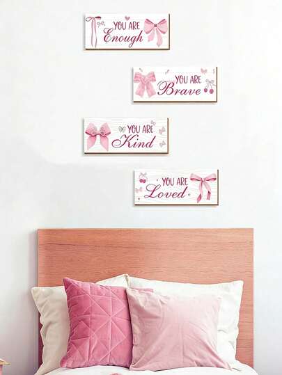 一套粉色蝴蝶结墙饰，包含积极向上语录和励志标语的木质标牌，适用于婴儿房、公主房、浴室、办公室、少女房和儿童房的墙面装饰。