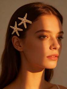 1件海洋系列女士发饰INS星形发夹珍珠海星压力夹 - 金色 - 查看 7