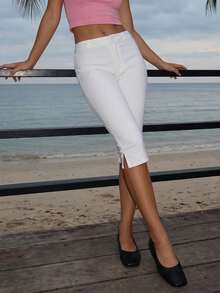 Pantalones de punto Polka para mujeres, pantalones de punto delgado de cintura baja, pantalones de punto blanco y negro casuales y pantalones de costura de rodilla, adecuados para el Fitness diario y el ejercicio. - Blanco - Ver 3