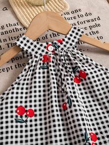女童度假黑白格子樱桃印花两件套，吊带荷叶边上衣+阔腿裤，适合夏季野餐、海滩度假、生日派对和日常穿着，复古波西米亚风流行童装 - 黑色 - 查看 4