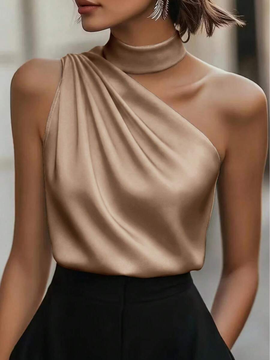 1pc Women's Summer Solid Color Satin Asymmetric/Irregular Ruffle Elegant Fashion Sleeveless Blouse Shirt, Suitable For Summer, Casual, Office, Party, Formal Occasions - Khaki - View 1