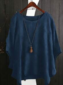 Solid Color Loose Linen Asymmetric Hem T-Shirt, Loose 3/4 Sleeve Round Neck Top, Relaxed Fit Slimming Design, Loose Batwing Sleeve Unique Top, Suitable For Commute And Casual Wear Summer - Royal Blue - View 5
