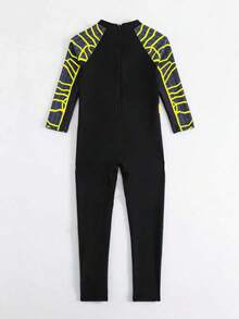 Traje de baño de una pieza con protección UV para niños pequeños, con estampado de araña abstracta de dibujos animados y manga larga - Amarillo - Ver 3