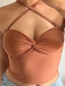 Cropped Top With Knot Detail, Padded Cups, And Crisscross Straps. - Mocha Brown - View 3