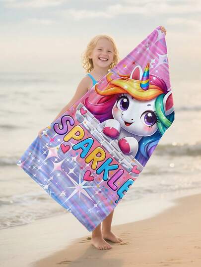 1条卡通可爱独角兽儿童沙滩巾，超柔软超细纤维特大号沙滩毯，超强吸水浴巾，适合旅行、游泳池、潜水、冲浪、瑜伽、露营，多种尺寸可选，沙滩配件