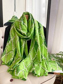 1条女士优雅几何印花轻盈丝滑围巾，用途广泛，可用于防晒、旅行、日常佩戴，适合春夏穿着。 - 綠色 - 查看 1