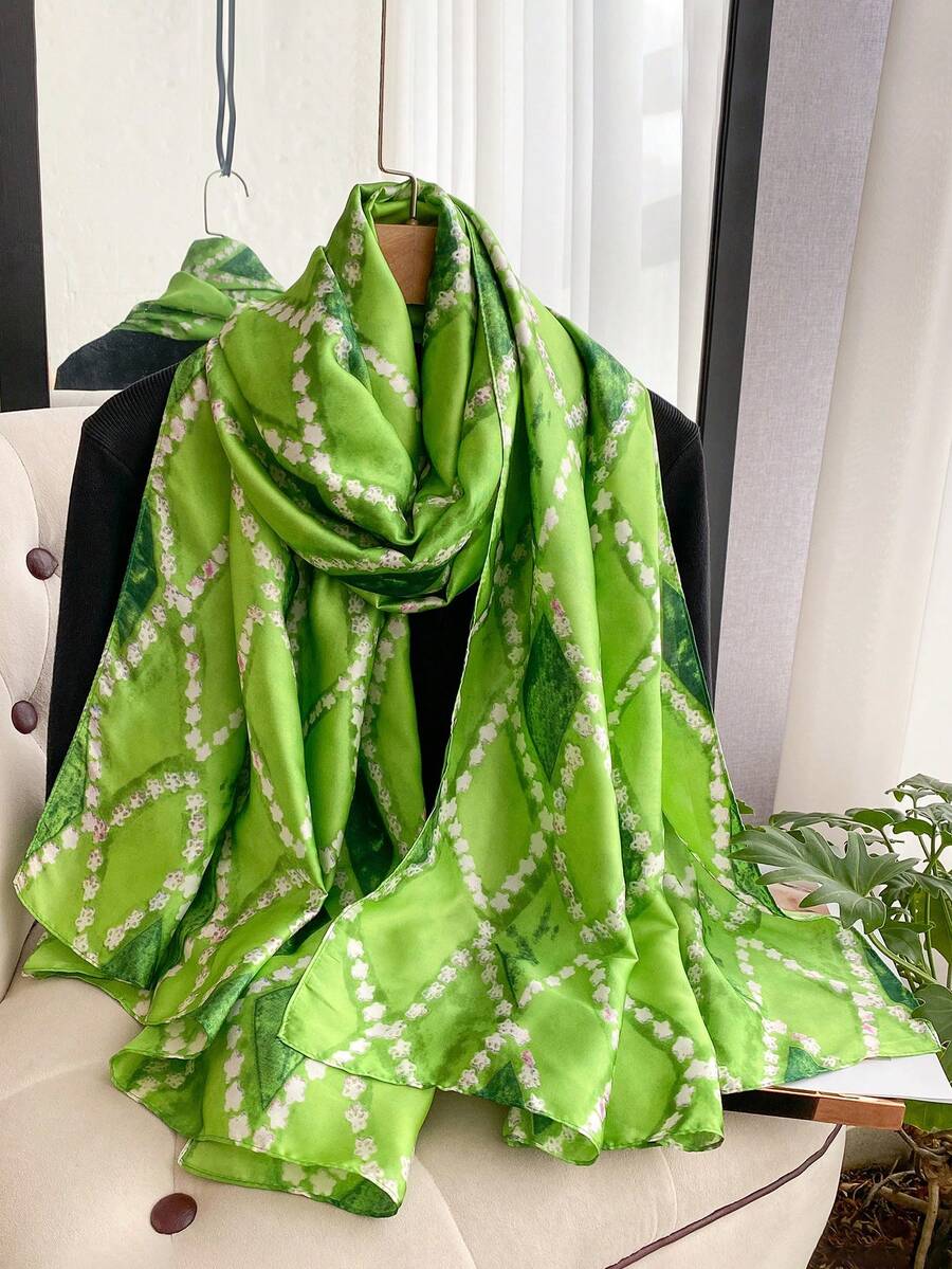 1条女士优雅几何印花轻盈丝滑围巾，用途广泛，可用于防晒、旅行、日常佩戴，适合春夏穿着。 - 綠色 - 查看 1