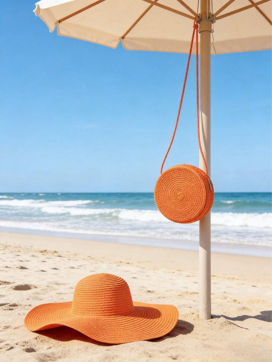 2pcs/Set Women Wide Brim Straw Hat + Handbag Beach Outfit, Extra Large Brim European And American Fashion, Summer Beach Sun Protection Hat, Photo Prop Versatile Beach Accessory - Multicolor - View 1