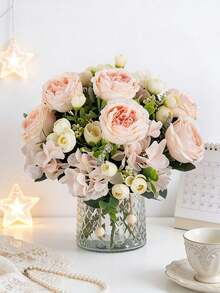 1/3 Piezas Ramo artificial de hortensias rosas, peonías y rosas de seda, para decoración del hogar, bodas, ramos de novia, Día de San Valentín, regalo - Rosa Pálido - Ver 2