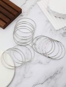 Set de 14 pulseras tipo brazalete con círculos minimalistas en capas, estilo INS, para mujeres - Plateado - Ver 4