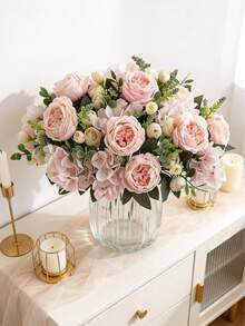 1/3束粉色人造绣球花和牡丹玫瑰花束，适合家居、婚礼、新娘装饰、情人节礼物 - 淺粉色 - 查看 5
