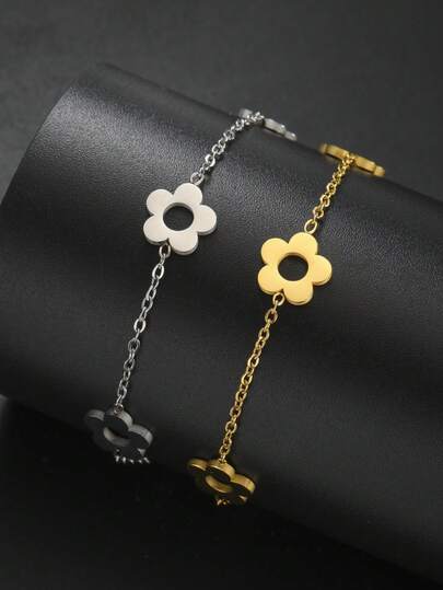 TEAMER 1 chiếc vòng tay mặt dây chuyền hình hoa năm cánh tối giản bằng thép không gỉ, phụ kiện thời trang may mắn, phong cách lãng mạn mùa hè, quà tặng cá nhân hóa cho bạn bè.