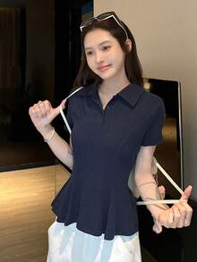 純色夏季新款女款短袖喇叭下擺上衣 - 藏蓝色 - 查看 4