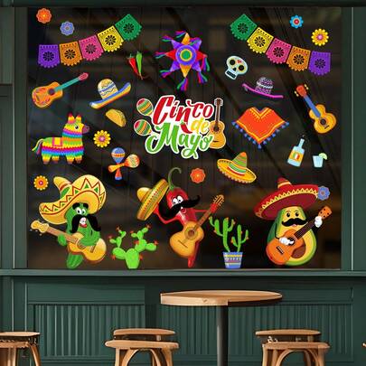 Bộ 9 miếng dán cửa sổ chủ đề Lễ hội Carnival Mexico, decal ngày 5 tháng 5, miếng dán kính tĩnh điện tự dán, có thể tháo rời, thích hợp để trang trí phòng ngủ, phòng khách, ban công và cửa sổ tủ.