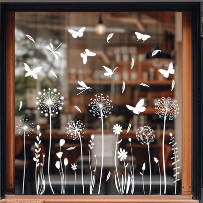 1pc White Dandelion & Butterfly Window Sticker, DIY Removable Static Cling Decal, Glue-Free Easy To Apply No Trace, Suitable For Shop Windows, Cafes, Bedrooms, Offices, Living Rooms, Natural Decor For Spring & Summer