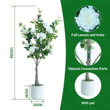 Lot de 2 rosiers artificiels, 120 cm, plante artificielle moderne avec fleurs en soie, feuilles en plastique et pot blanc - Décoration sans entretien pour la maison ou le bureau - Blanc - Voir 6
